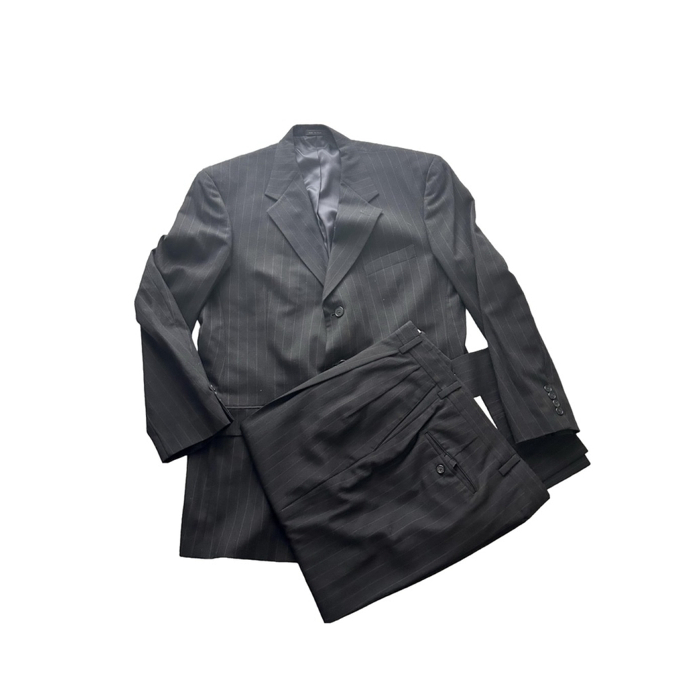Krizia Mens Black Pinstripe 2-Piece Suit 44L Blazer Pants Italy